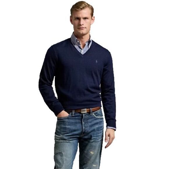 Polo Ralph Lauren Pima Cotton V-neck Sweater Mens 2Xl Navy Embroidered Pony Logo - Picture 1 of 14